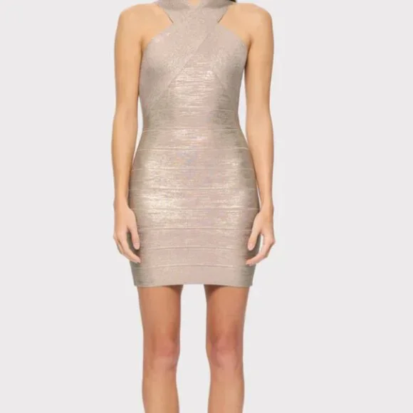 HERVÉ LÉGER Glitter Foil Halter Mini Dress – S – Rose Gold Foil
